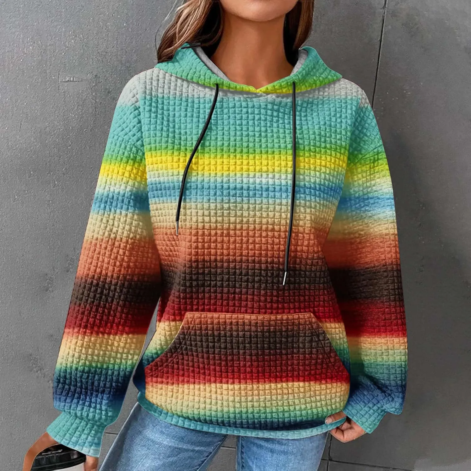 Womens Waffle Knit Trendy Sweatshirt Casual Comfort Hoodie Sweatshirts Drawstring Pullover Tops Preppy Clothes 2024