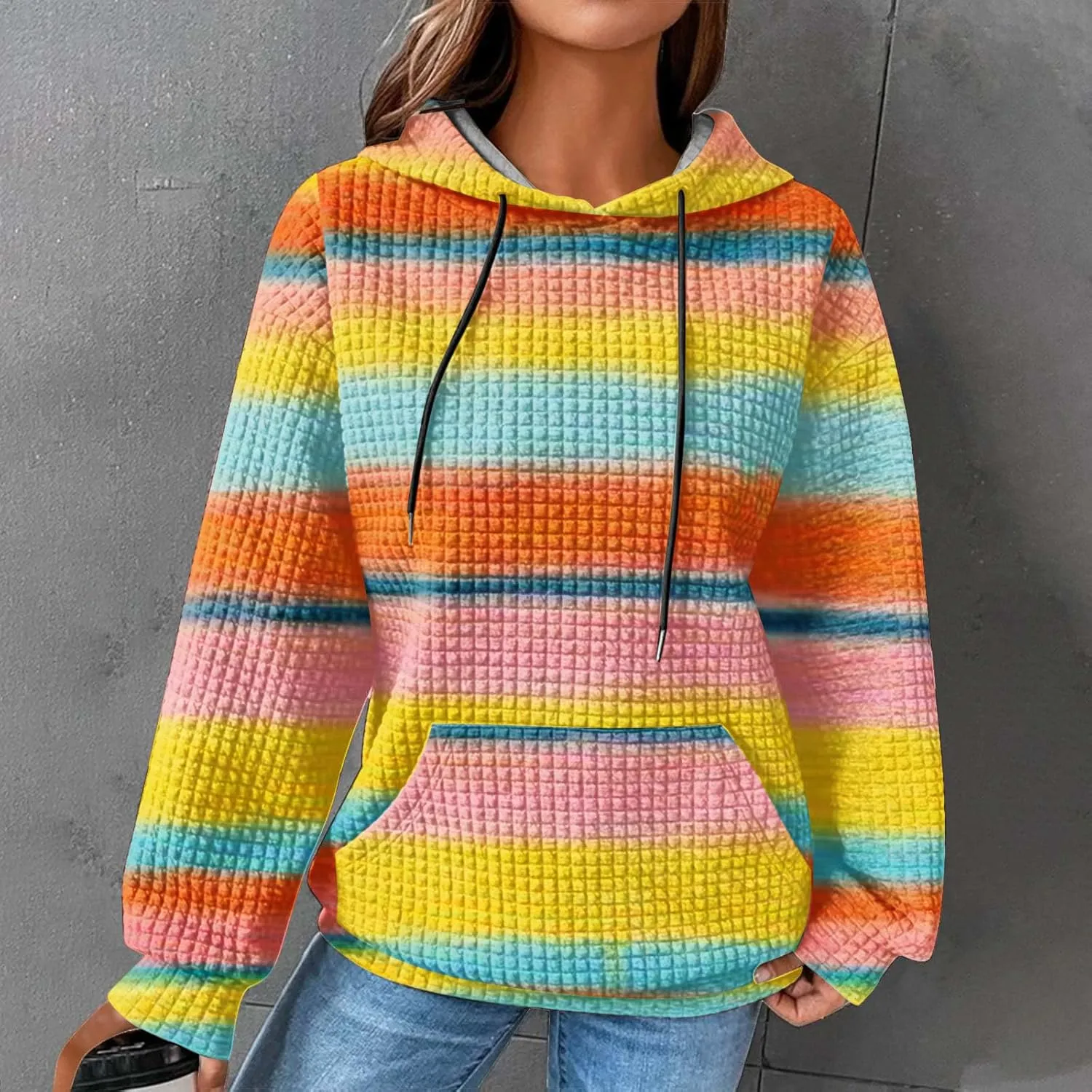 Womens Waffle Knit Trendy Sweatshirt Casual Comfort Hoodie Sweatshirts Drawstring Pullover Tops Preppy Clothes 2024