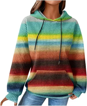 Womens Waffle Knit Trendy Sweatshirt Casual Comfort Hoodie Sweatshirts Drawstring Pullover Tops Preppy Clothes 2024