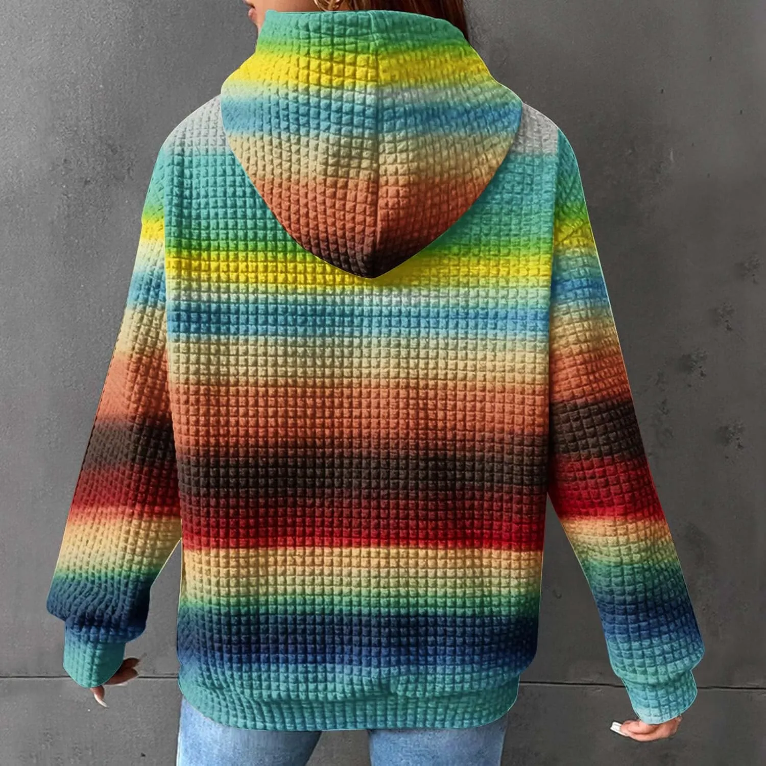 Womens Waffle Knit Trendy Sweatshirt Casual Comfort Hoodie Sweatshirts Drawstring Pullover Tops Preppy Clothes 2024