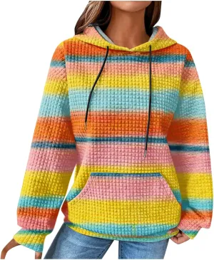 Womens Waffle Knit Trendy Sweatshirt Casual Comfort Hoodie Sweatshirts Drawstring Pullover Tops Preppy Clothes 2024