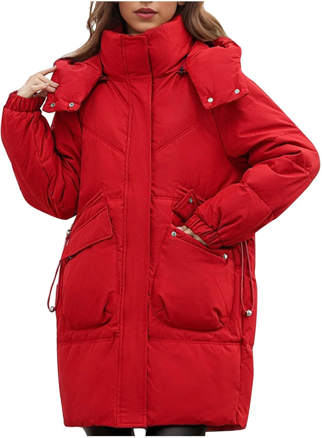 Women's Warm Winter Cotton Padded Down Coat Quilted Thicken Puffer Jacket Zipper Pockets Outwear with Removable Hood