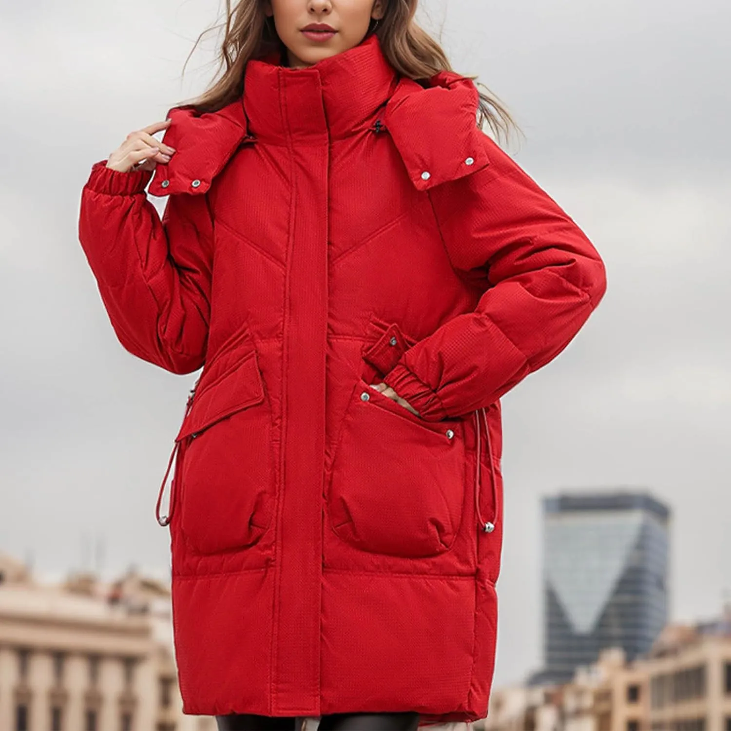 Women's Warm Winter Cotton Padded Down Coat Quilted Thicken Puffer Jacket Zipper Pockets Outwear with Removable Hood