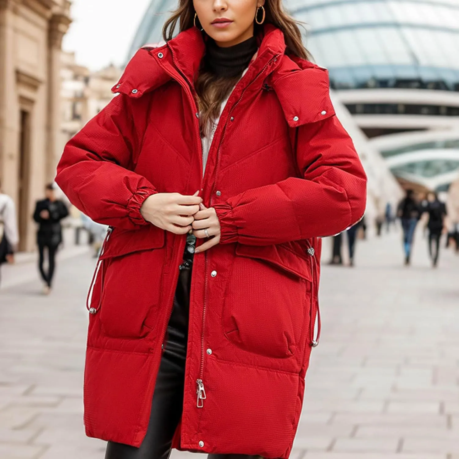 Women's Warm Winter Cotton Padded Down Coat Quilted Thicken Puffer Jacket Zipper Pockets Outwear with Removable Hood