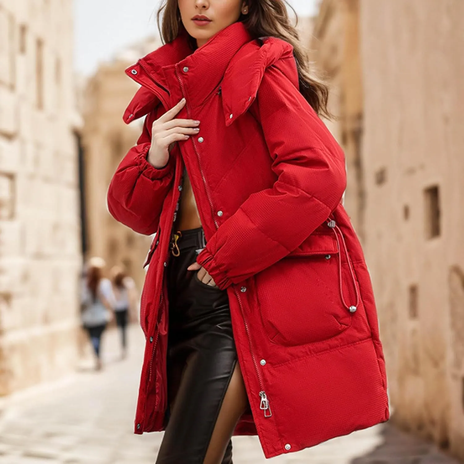 Women's Warm Winter Cotton Padded Down Coat Quilted Thicken Puffer Jacket Zipper Pockets Outwear with Removable Hood
