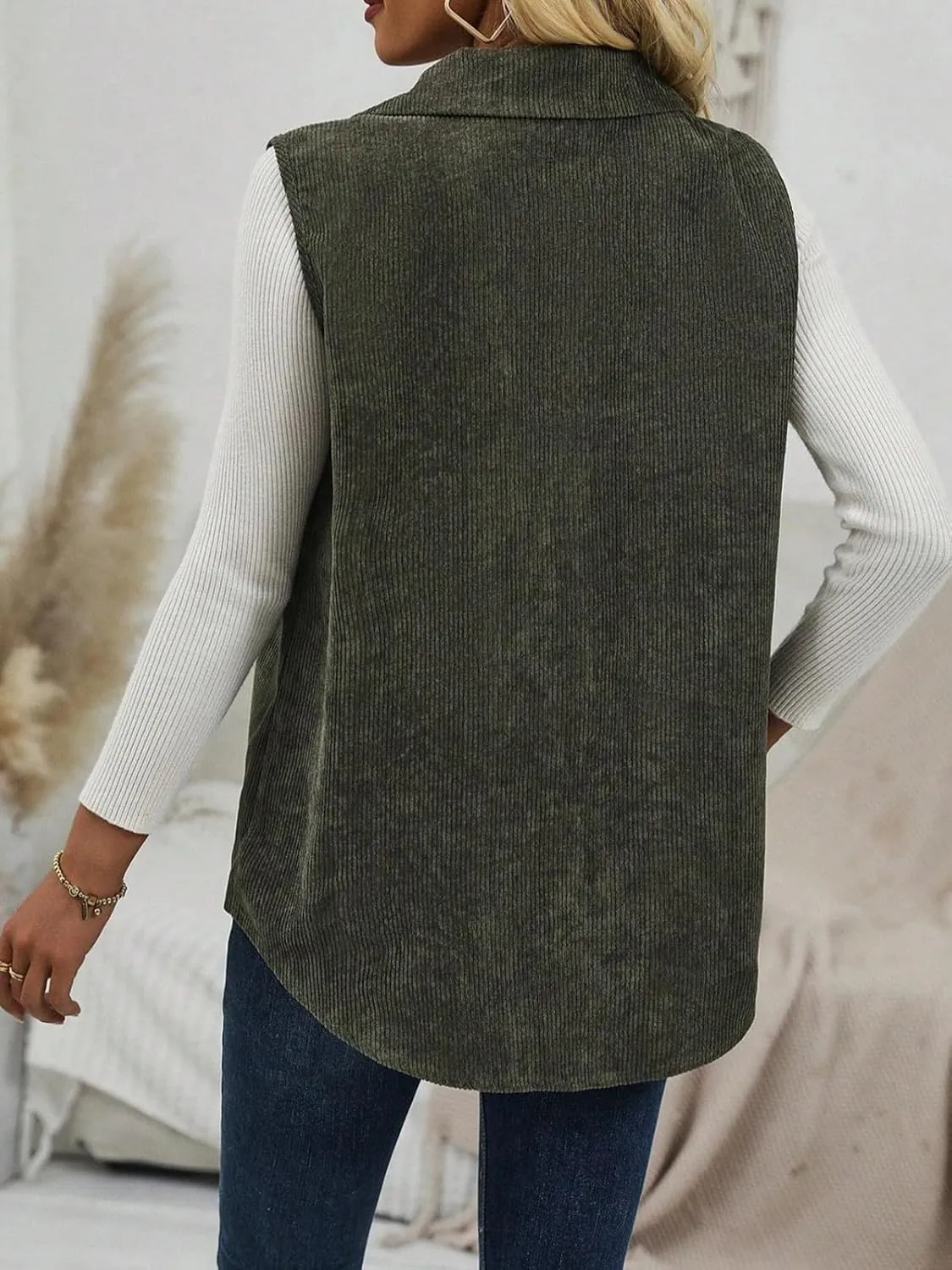 Wowcarbazole Womens Solid Vest Button Down Sleeveless Lapel Neck Long Vest Tops Outerwear Casual Corduroy Waistcoat Shirts