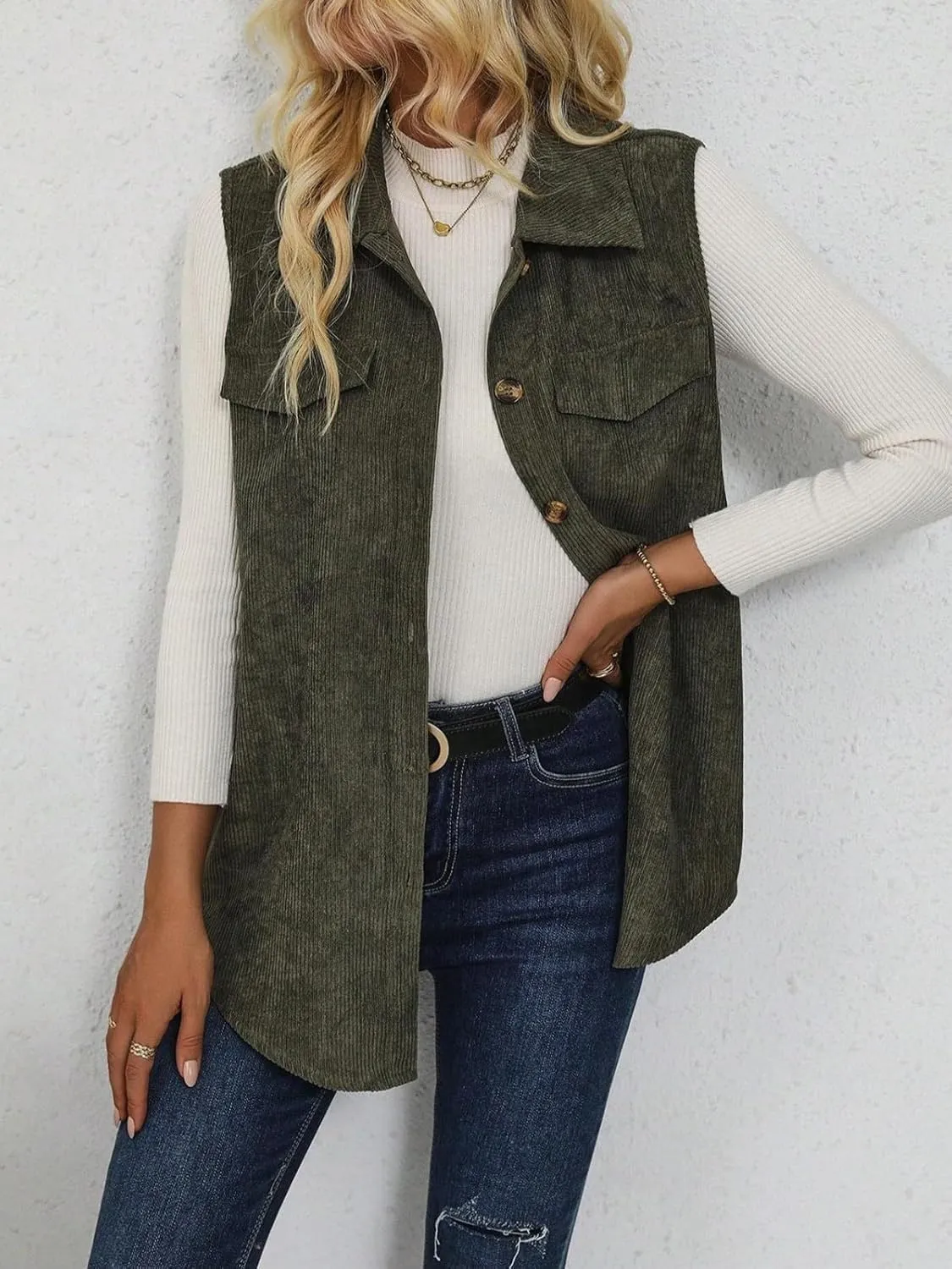Wowcarbazole Womens Solid Vest Button Down Sleeveless Lapel Neck Long Vest Tops Outerwear Casual Corduroy Waistcoat Shirts