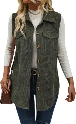 Wowcarbazole Womens Solid Vest Button Down Sleeveless Lapel Neck Long Vest Tops Outerwear Casual Corduroy Waistcoat Shirts