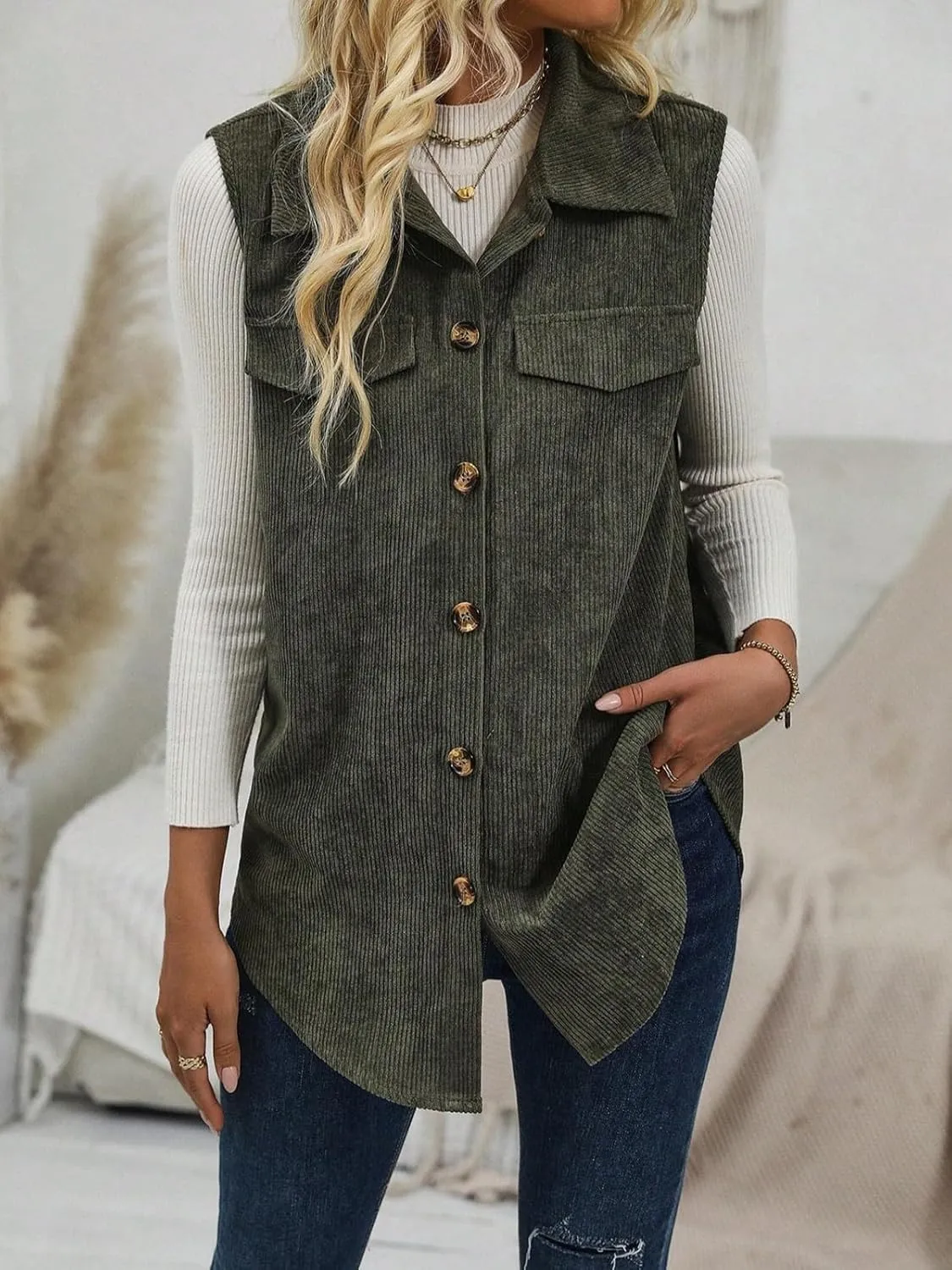 Wowcarbazole Womens Solid Vest Button Down Sleeveless Lapel Neck Long Vest Tops Outerwear Casual Corduroy Waistcoat Shirts