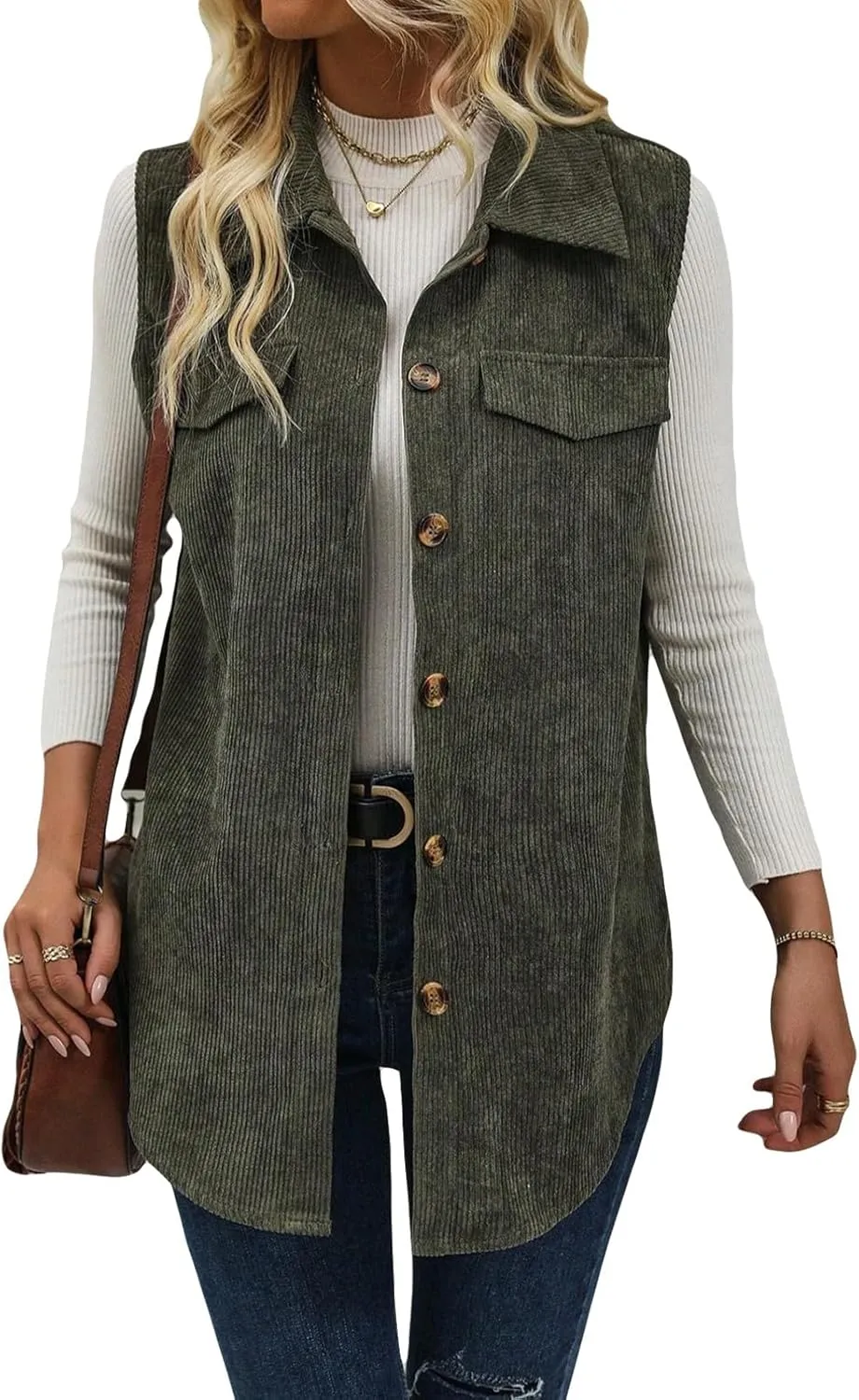 Wowcarbazole Womens Solid Vest Button Down Sleeveless Lapel Neck Long Vest Tops Outerwear Casual Corduroy Waistcoat Shirts