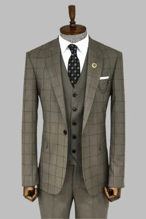 WSS Cream Plaid Peak Lapel 3 Piece Suit  - Singen