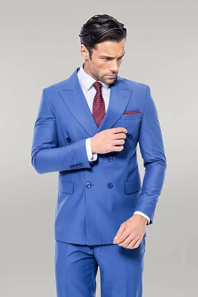 WSS Double Breasted Slim Fit Blue Men Suit  - Singen