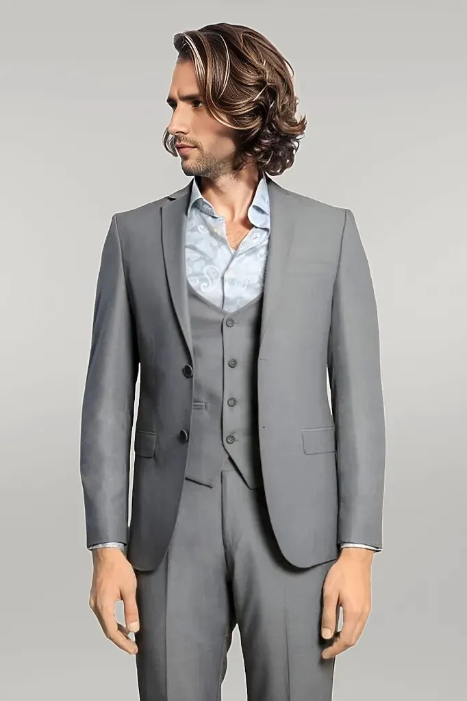 WSS Grey Slim Fit Men's Suit with Vest  - Singen