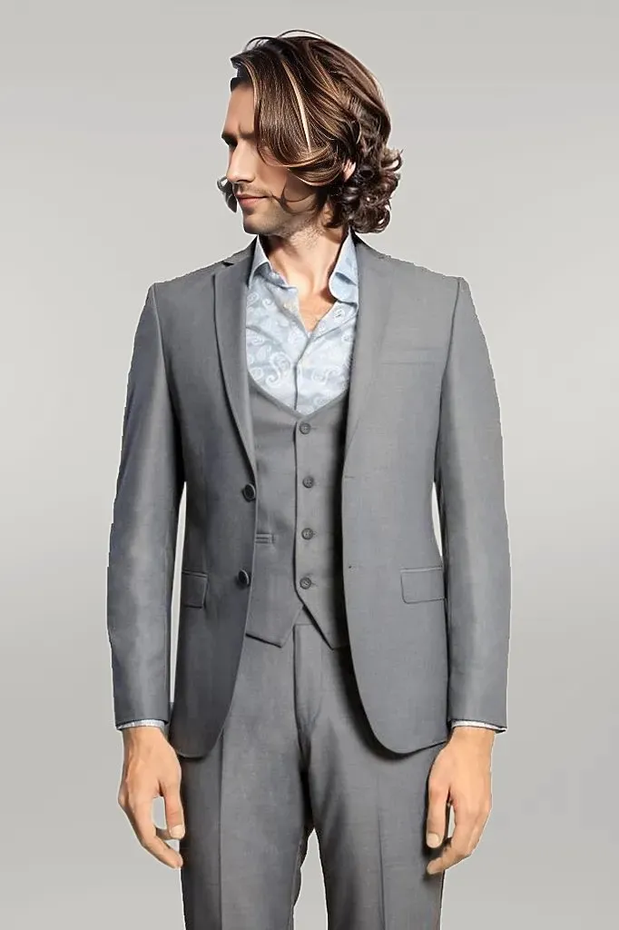 WSS Grey Slim Fit Men's Suit with Vest  - Singen