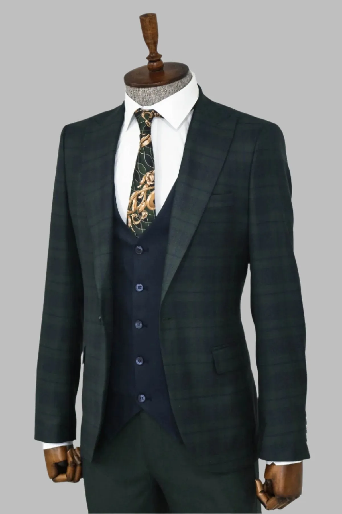 WSS Slim Fit Checked Green Men Suit  - Singen