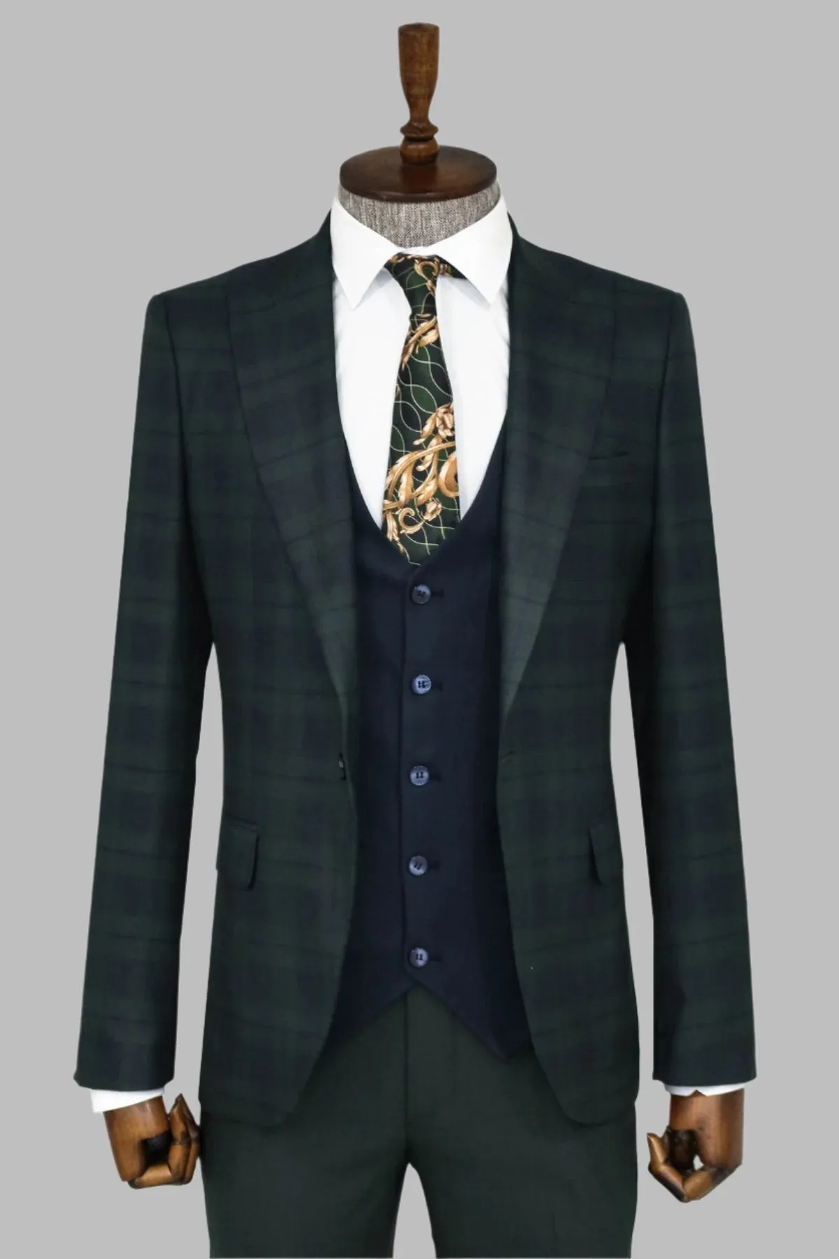 WSS Slim Fit Checked Green Men Suit  - Singen