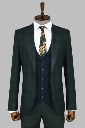 WSS Slim Fit Checked Green Men Suit  - Singen
