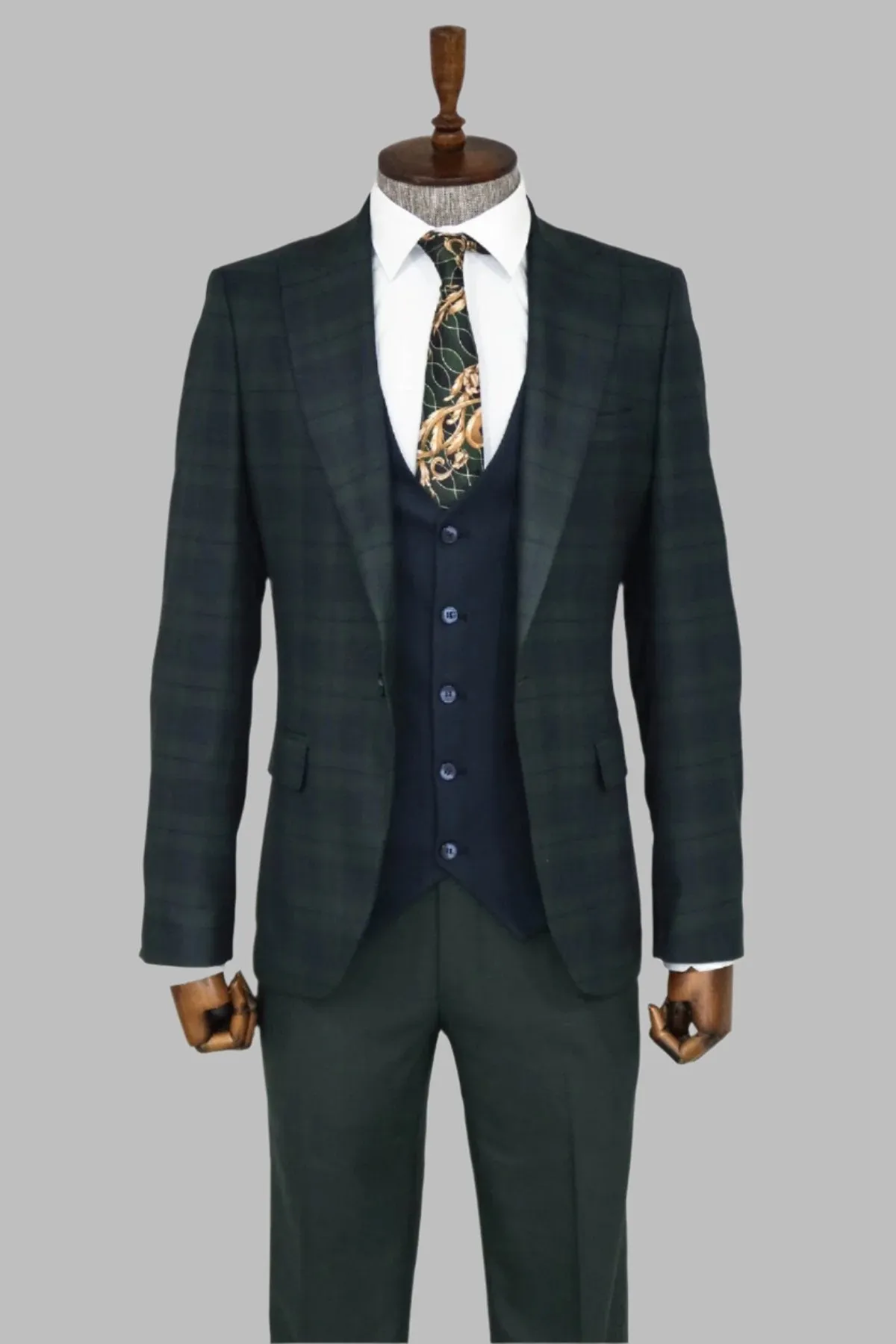 WSS Slim Fit Checked Green Men Suit  - Singen