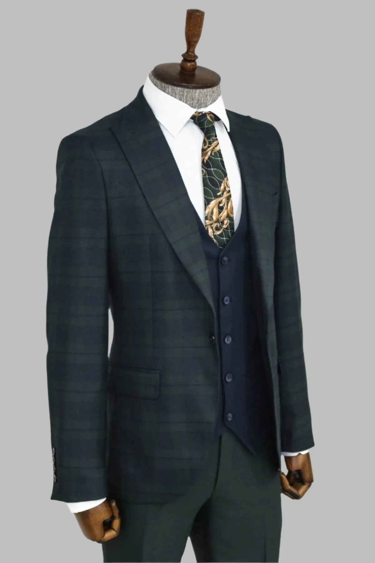 WSS Slim Fit Checked Green Men Suit  - Singen