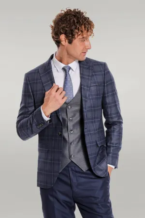 WSS Slim Fit Checked Navy Blue Men Suit  - Singen