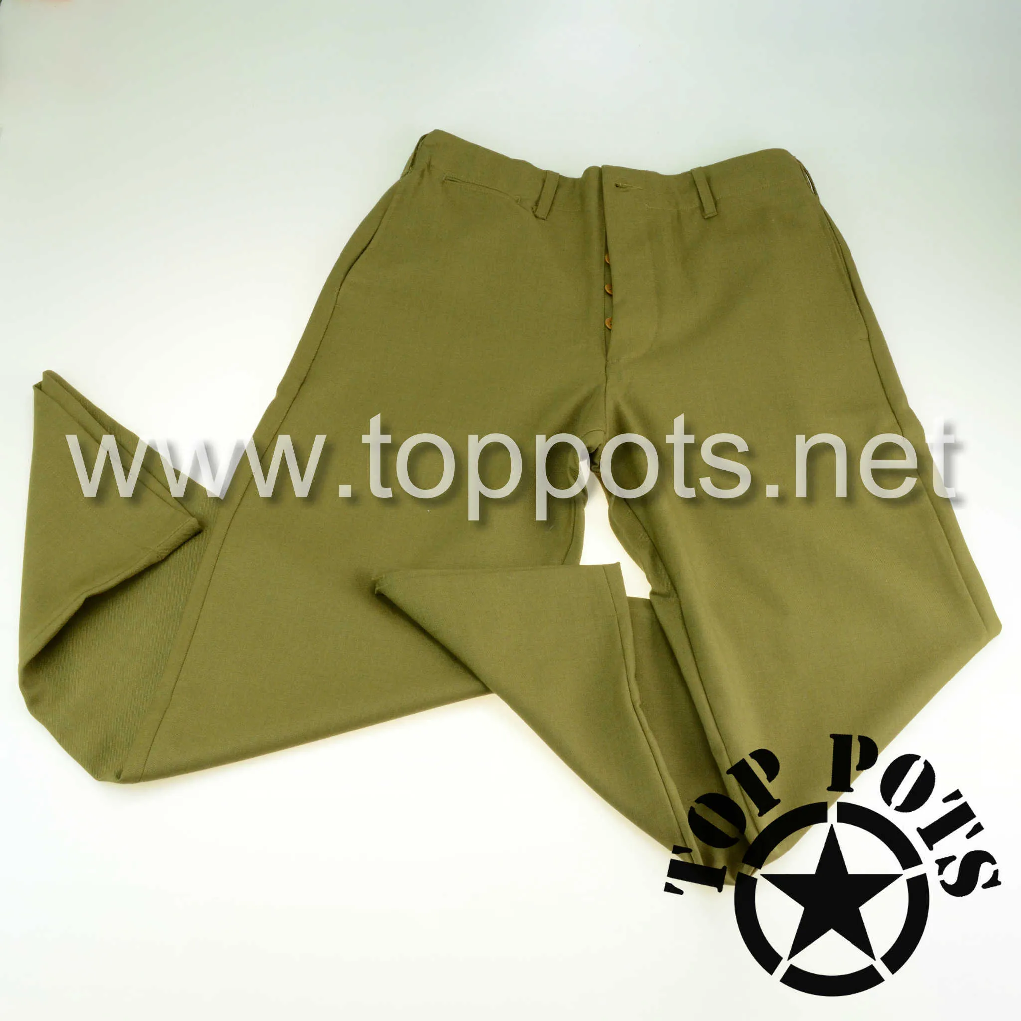WWII US Army Reproduction M1937 Mustard Wool Enlisted Uniform Service Pants – Trousers, Wool Serge, OD, Light Shade, M1937