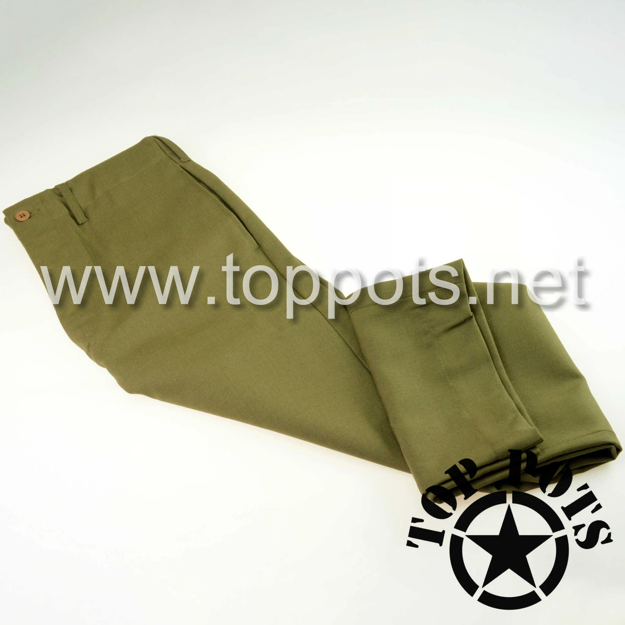 WWII US Army Reproduction M1937 Mustard Wool Enlisted Uniform Service Pants – Trousers, Wool Serge, OD, Light Shade, M1937