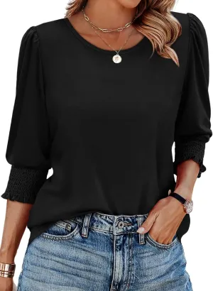 XIEERDUO Blouses for Women Dressy Casual 3/4 Length Sleeve Womens Tops with Smocked Cuffs