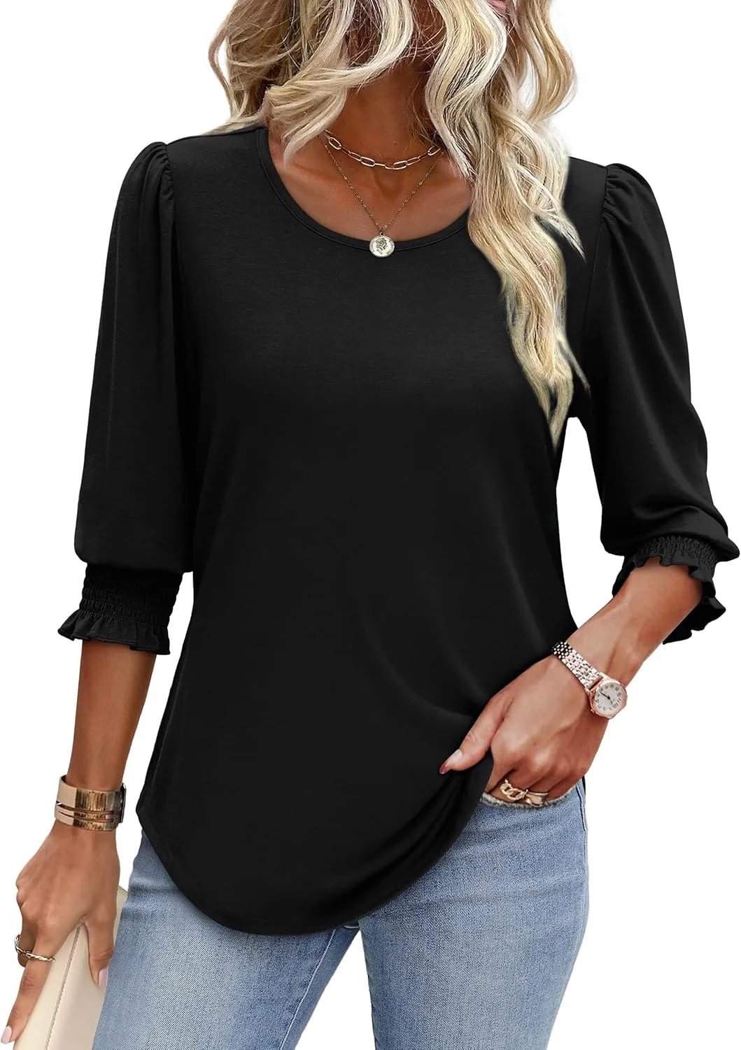 XIEERDUO Blouses for Women Dressy Casual 3/4 Length Sleeve Womens Tops with Smocked Cuffs