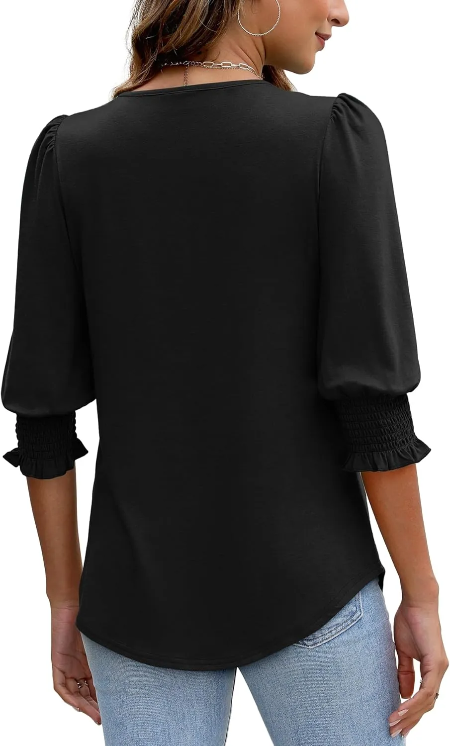 XIEERDUO Blouses for Women Dressy Casual 3/4 Length Sleeve Womens Tops with Smocked Cuffs