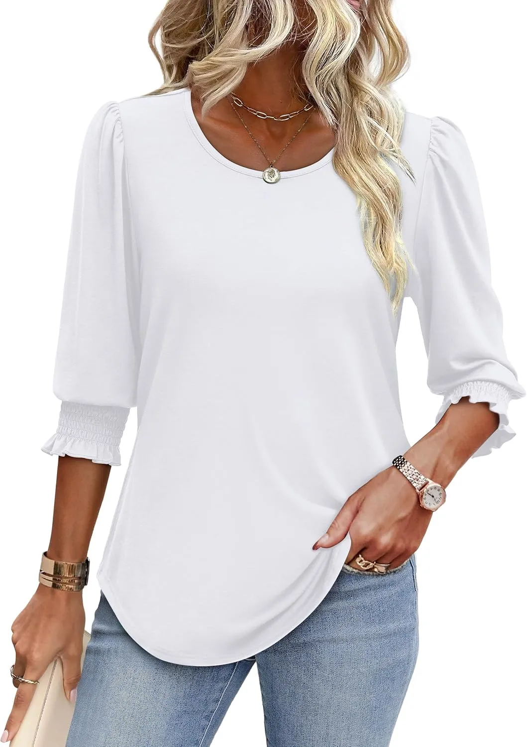XIEERDUO Blouses for Women Dressy Casual 3/4 Length Sleeve Womens Tops with Smocked Cuffs