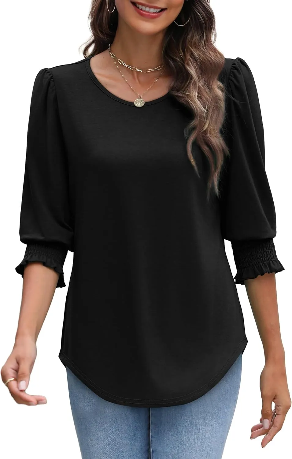 XIEERDUO Blouses for Women Dressy Casual 3/4 Length Sleeve Womens Tops with Smocked Cuffs
