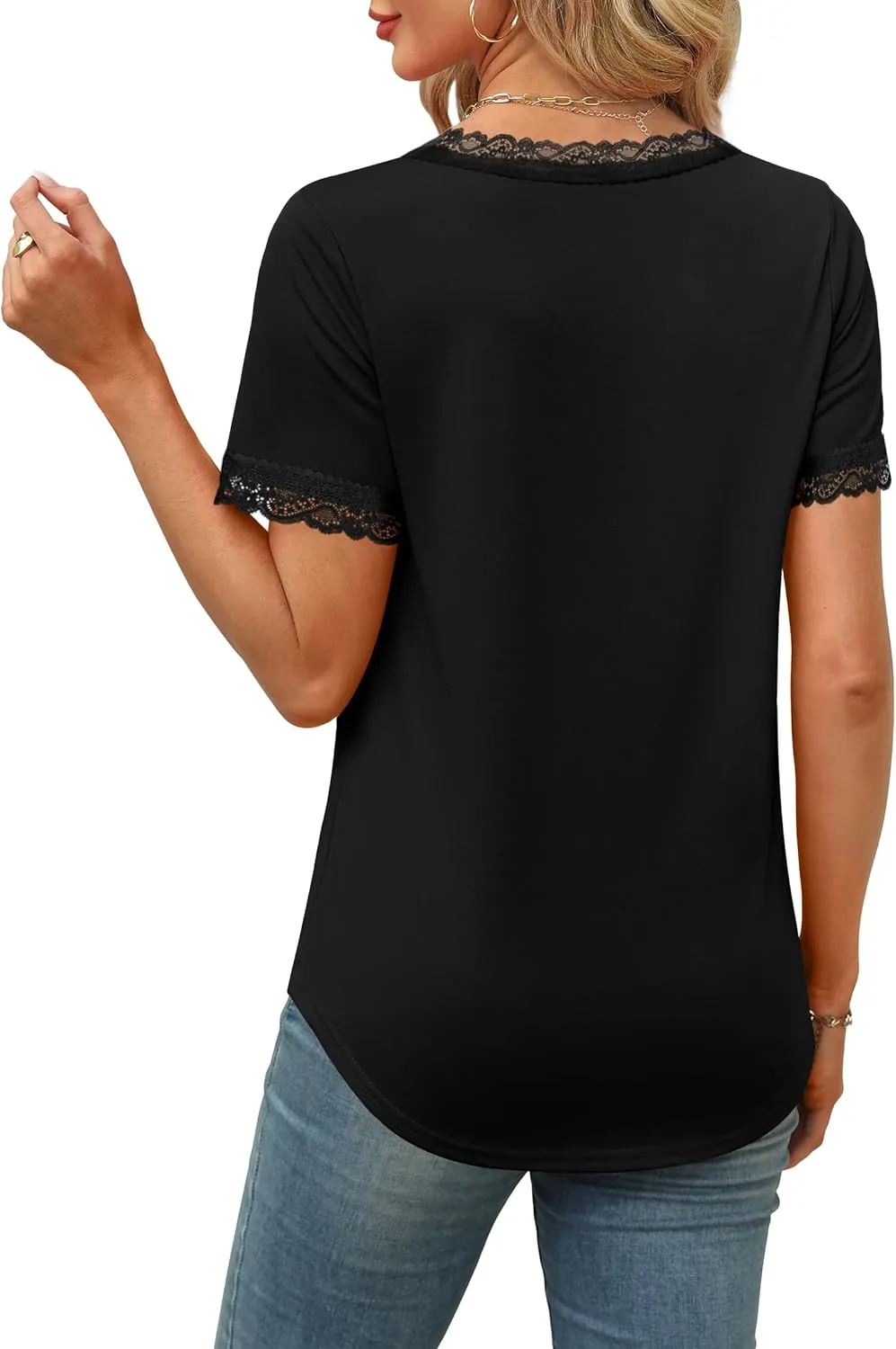 XIEERDUO V Neck T Shirts for Women Lace Sleeve Ladies Tops and Blouses Summer Outfits Basic Tee