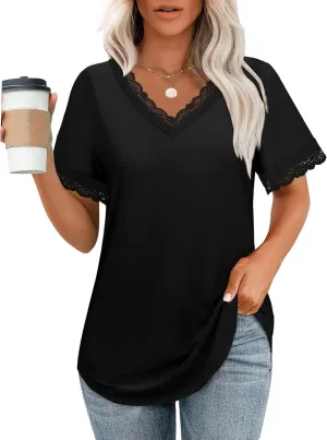XIEERDUO V Neck T Shirts for Women Lace Sleeve Ladies Tops and Blouses Summer Outfits Basic Tee