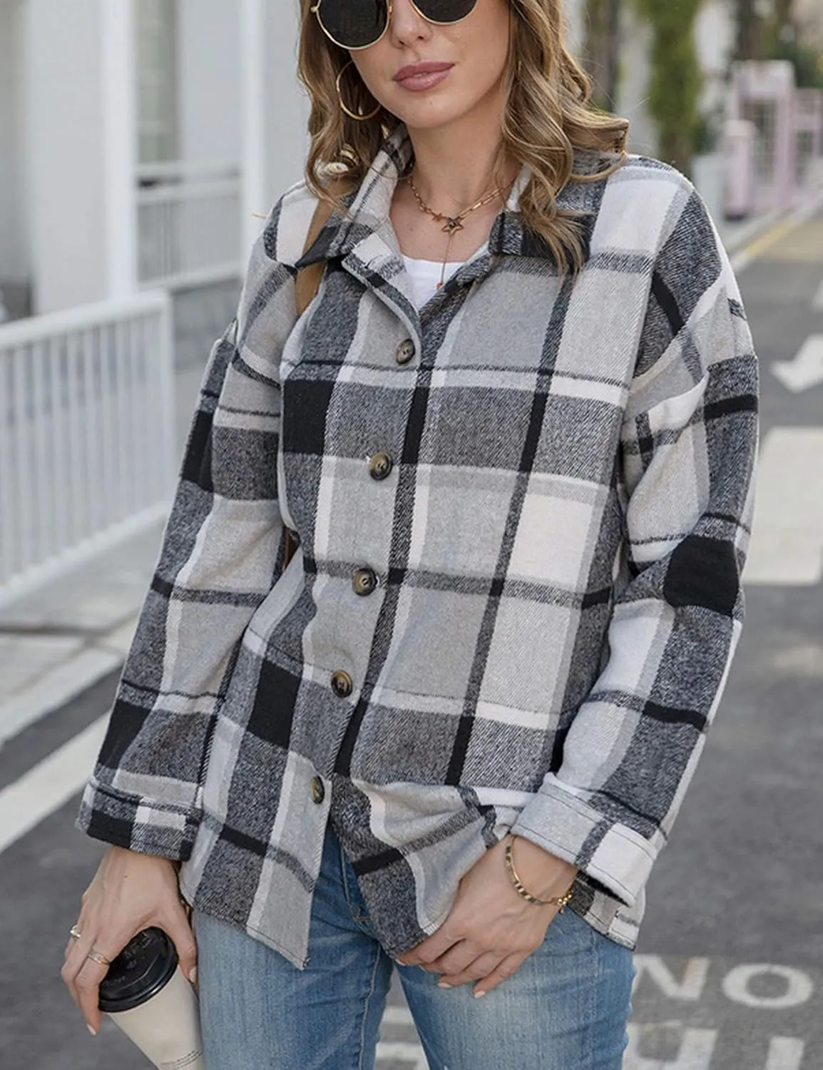 Yeokou Women's Fall Color Block Plaid Flannel Shacket Jacket Button Down Shirt Coat Tops