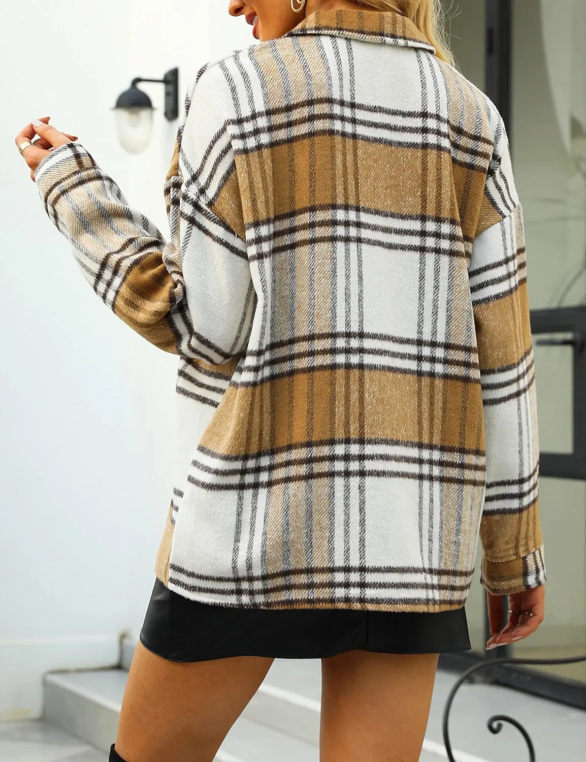 Yeokou Women's Fall Color Block Plaid Flannel Shacket Jacket Button Down Shirt Coat Tops