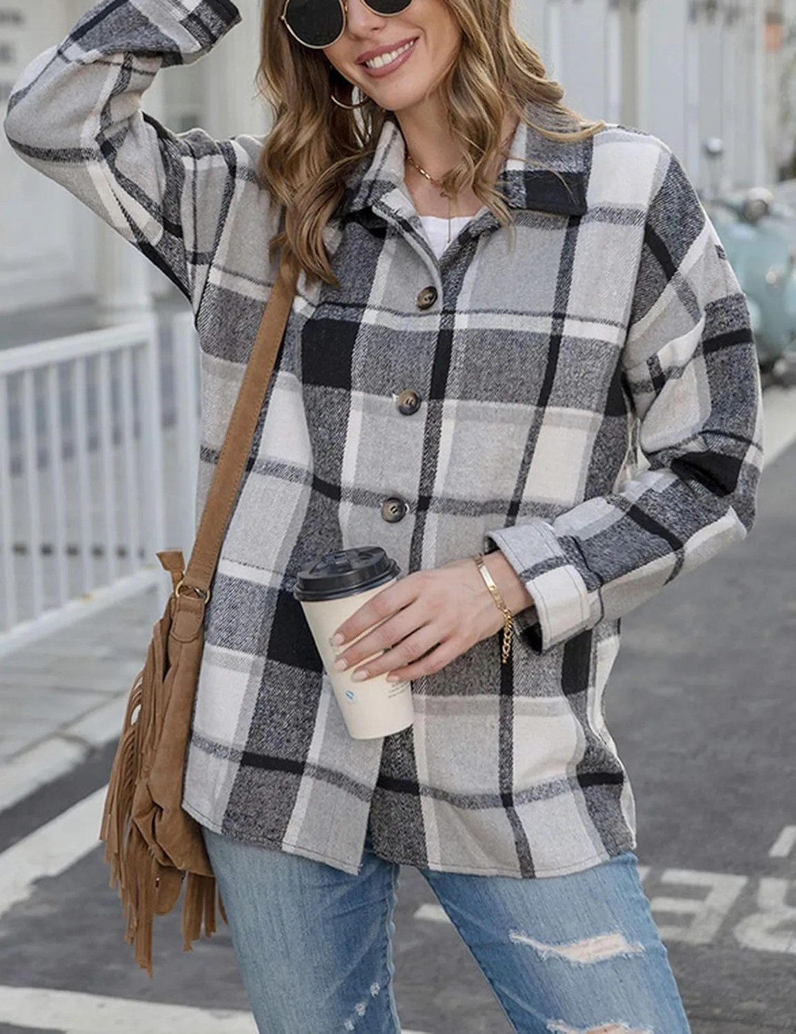 Yeokou Women's Fall Color Block Plaid Flannel Shacket Jacket Button Down Shirt Coat Tops