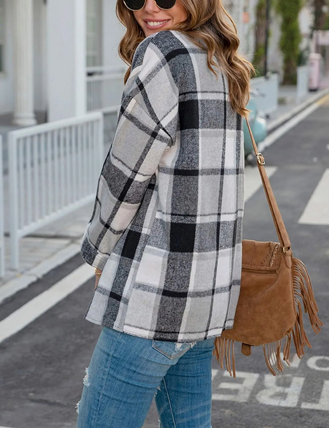 Yeokou Women's Fall Color Block Plaid Flannel Shacket Jacket Button Down Shirt Coat Tops