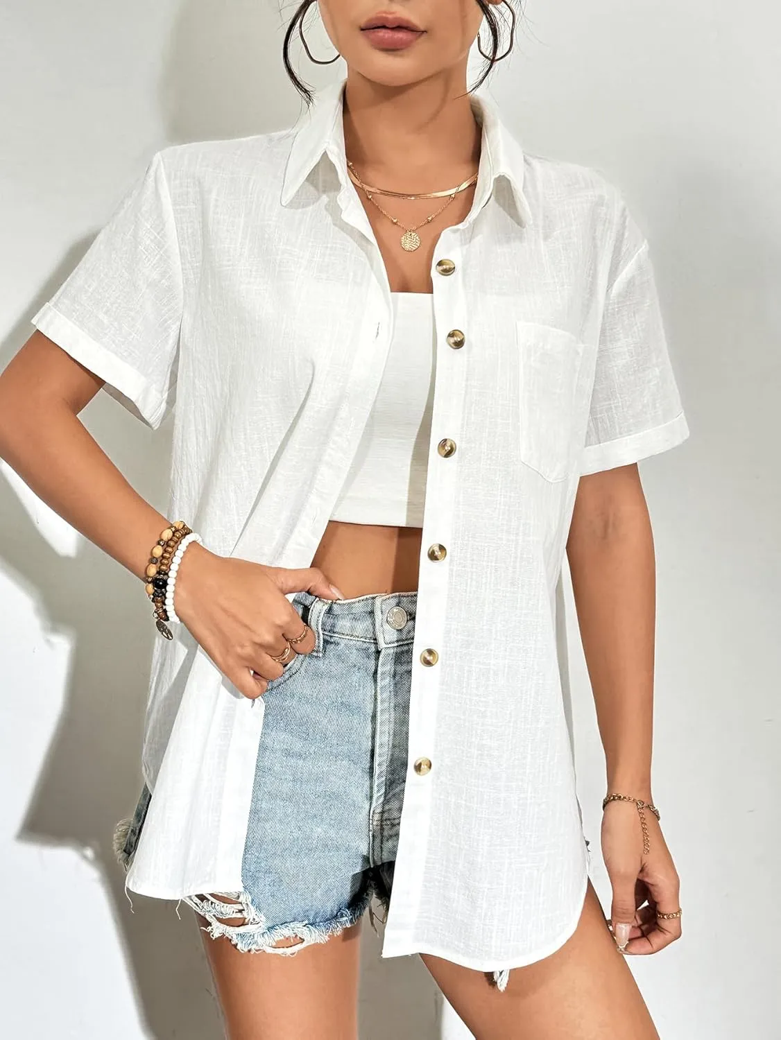 Zeagoo Womens Button Down Shirts Color Block Short Sleeve Cotton Linen Summer Causal Blouses Tops