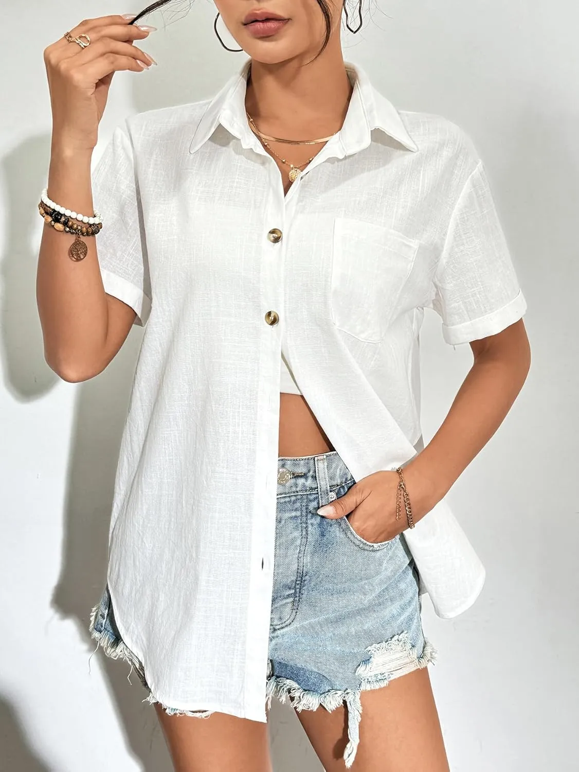 Zeagoo Womens Button Down Shirts Color Block Short Sleeve Cotton Linen Summer Causal Blouses Tops