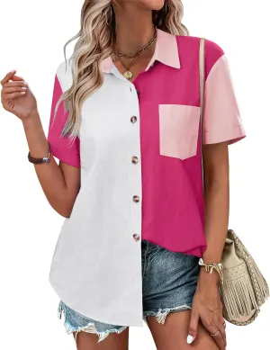 Zeagoo Womens Button Down Shirts Color Block Short Sleeve Cotton Linen Summer Causal Blouses Tops