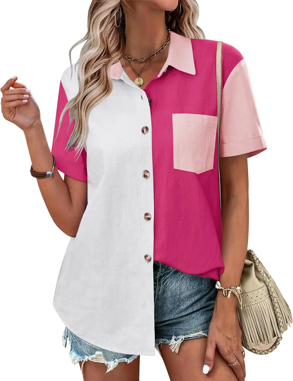 Zeagoo Womens Button Down Shirts Color Block Short Sleeve Cotton Linen Summer Causal Blouses Tops