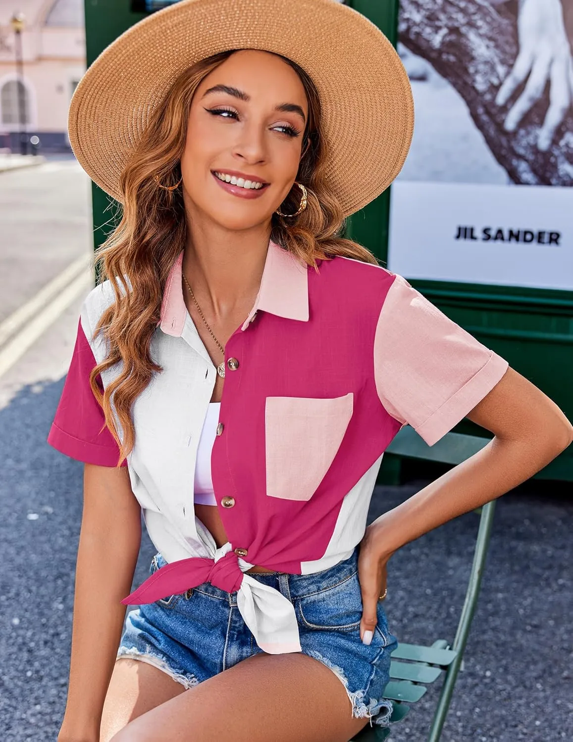 Zeagoo Womens Button Down Shirts Color Block Short Sleeve Cotton Linen Summer Causal Blouses Tops