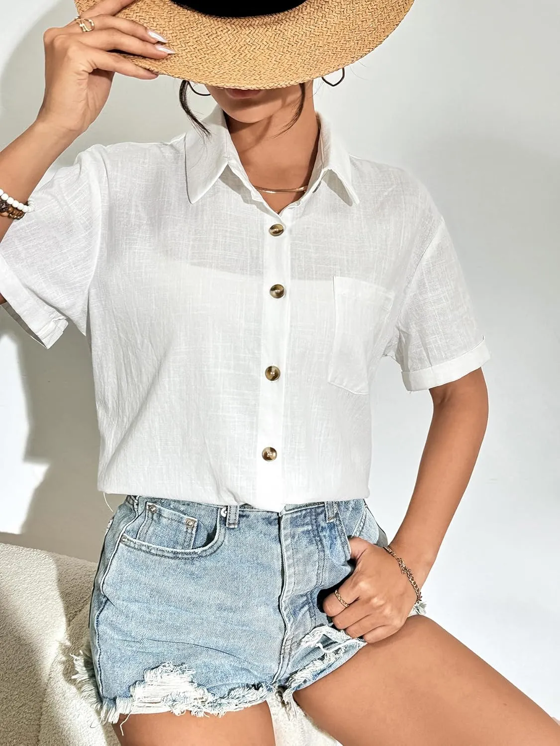 Zeagoo Womens Button Down Shirts Color Block Short Sleeve Cotton Linen Summer Causal Blouses Tops