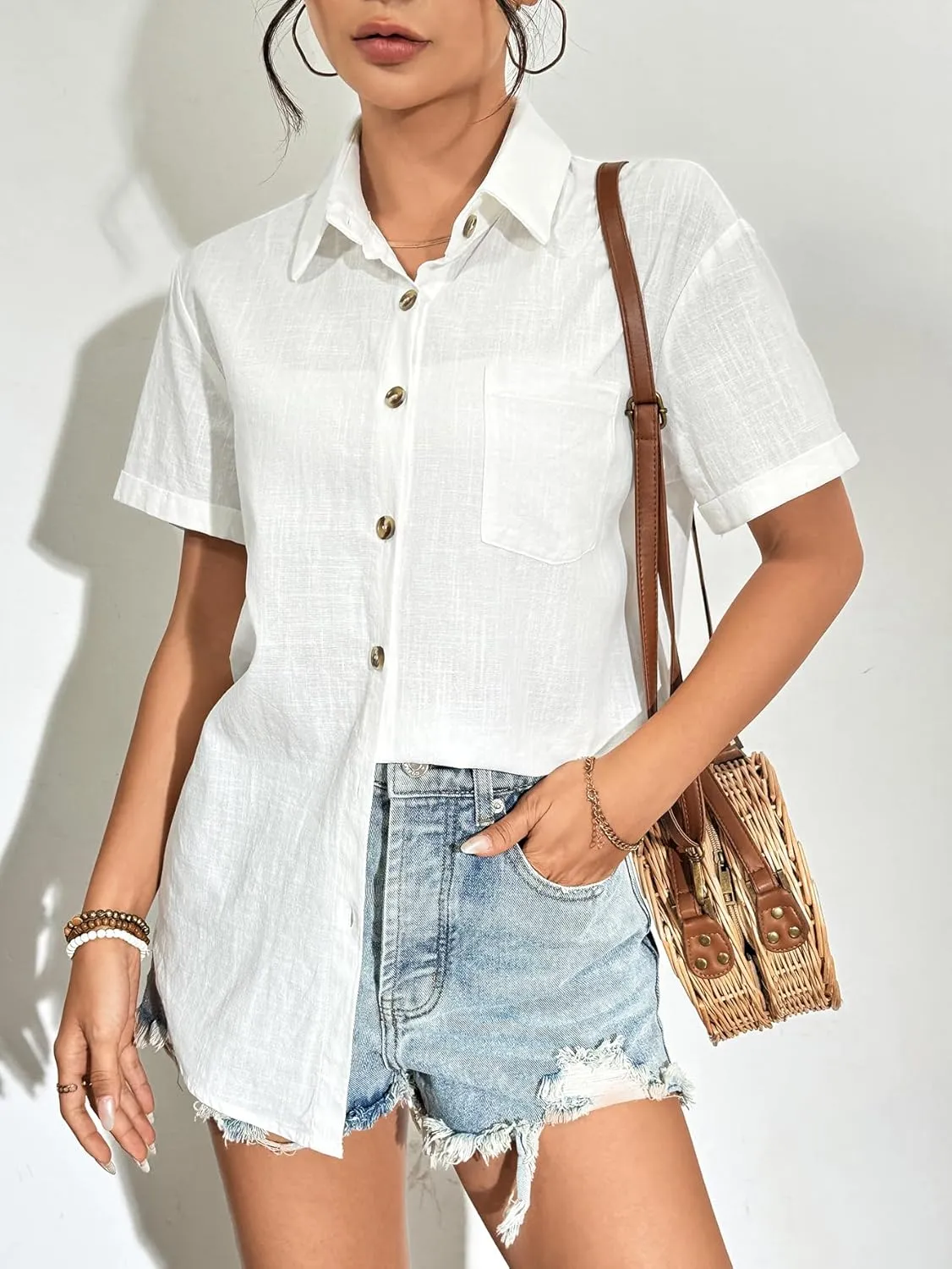 Zeagoo Womens Button Down Shirts Color Block Short Sleeve Cotton Linen Summer Causal Blouses Tops