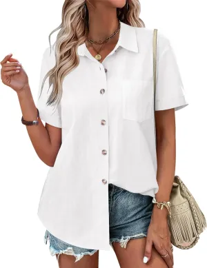 Zeagoo Womens Button Down Shirts Color Block Short Sleeve Cotton Linen Summer Causal Blouses Tops