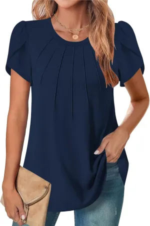 Zeagoo Womens Short Sleeve Tops Pleated Dressy Casual Crew Neck Summer Loose Shirts Blouses