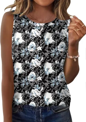 Zeagoo Women's Tank Tops Crew Neck Sleeveless Tops Floral Solid Summer Shirts Casual Loose Flowy Tunic Blouses