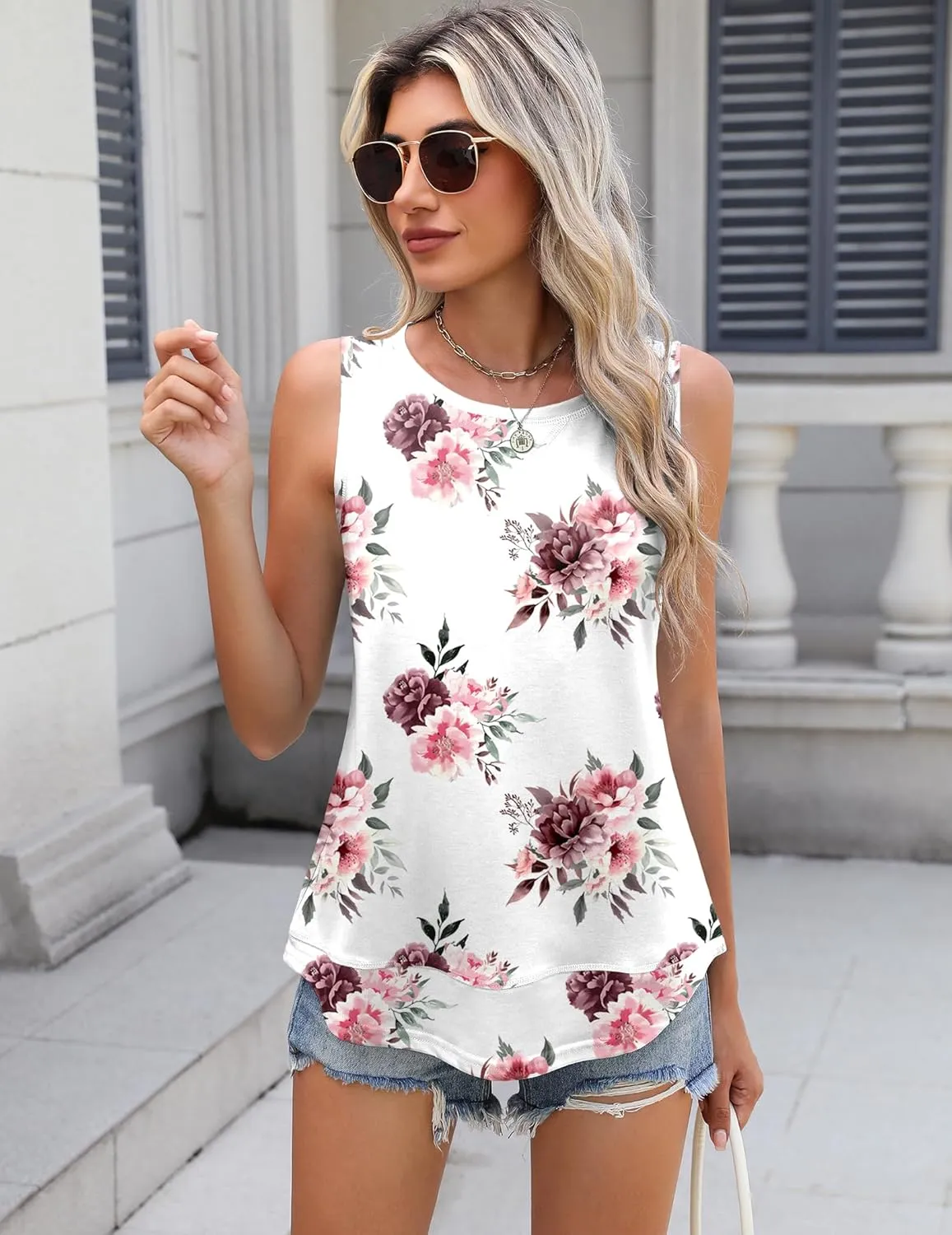 Zeagoo Women's Tank Tops Crew Neck Sleeveless Tops Floral Solid Summer Shirts Casual Loose Flowy Tunic Blouses