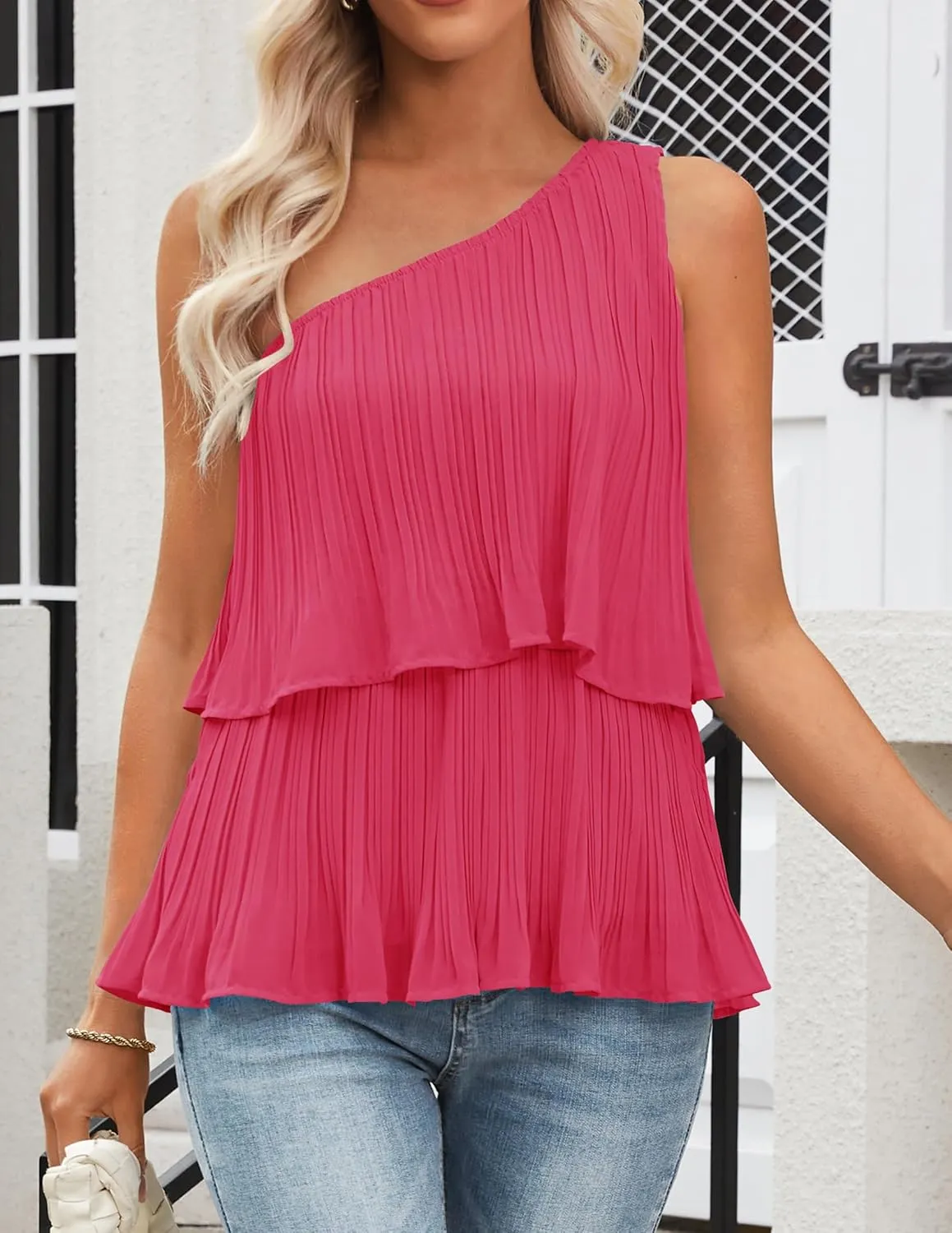ZESICA Women's One Shoulder Tank Tops Summer Sleeveless Ruffle Tiered Layered Chiffon Flowy Blouses Shirts