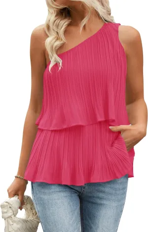 ZESICA Women's One Shoulder Tank Tops Summer Sleeveless Ruffle Tiered Layered Chiffon Flowy Blouses Shirts